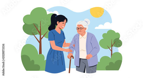 Tableau sur toile Modern flat vector illustration of young woman helping elderly grandmother walk