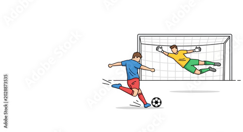 Schilderij op canvas Soccer player kicking ball at goal with goalkeeper diving