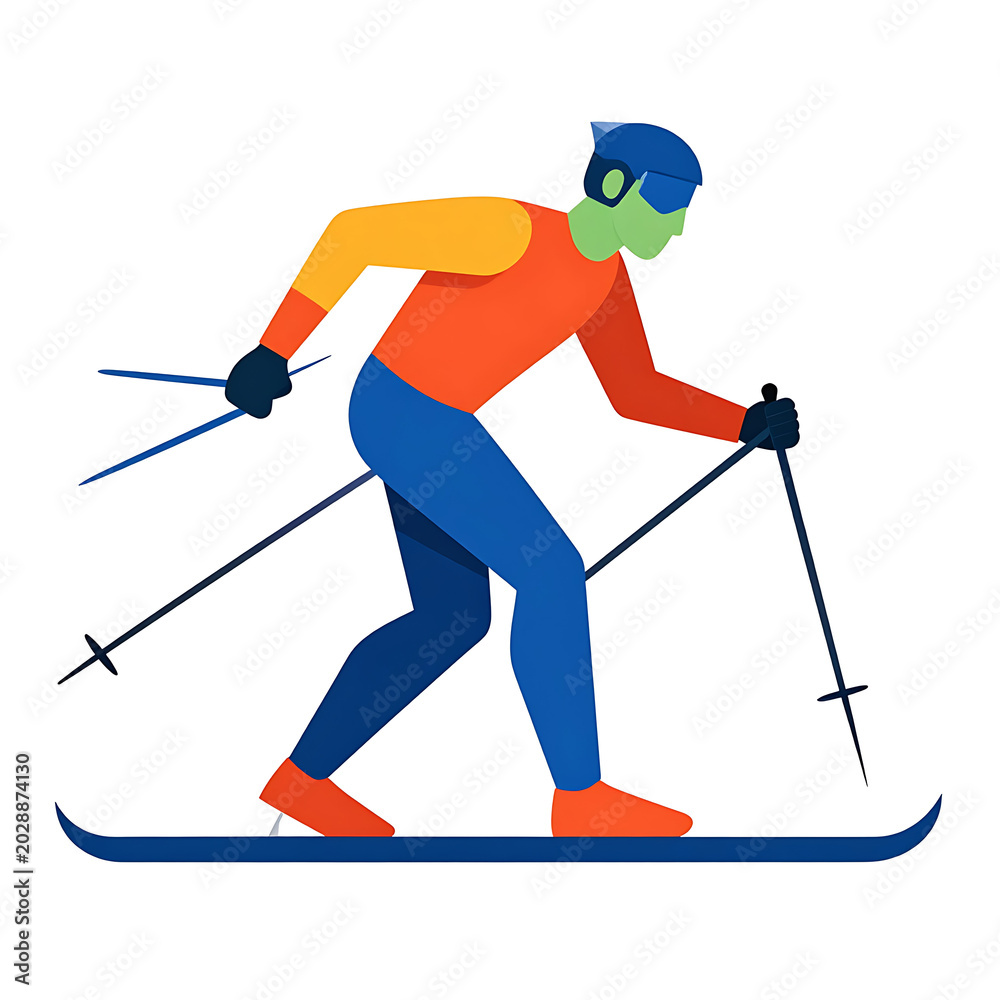 Obraz premium Cross country skier in action, mid stride with poles, dynamic pose on skis, vibrant sportswear, winter sport illustration, active lifestyle concept