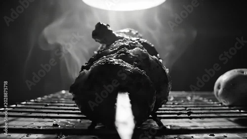 Black and white close-up shot of roasted chicken and potatoes with steam rising in an oven under a bright light