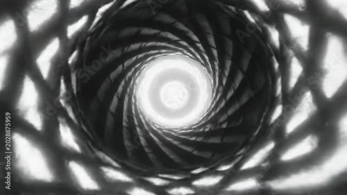 Futuristic abstract tunnel in a mysterious industrial urban environment with a bright light at the end