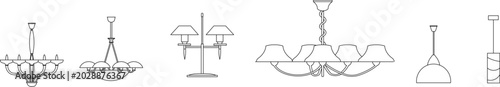 Foto Collection of chandelier and pendant light symbols featuring various designs including multi-arm chandeliers with shades, decorative fixtures, and hanging lamps