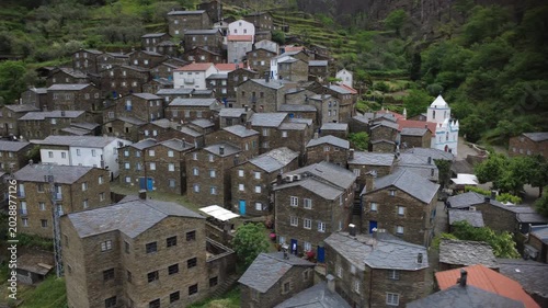 Aerial view of piodao, a historic schist village nestled in the mountains of serra do acor, portugal