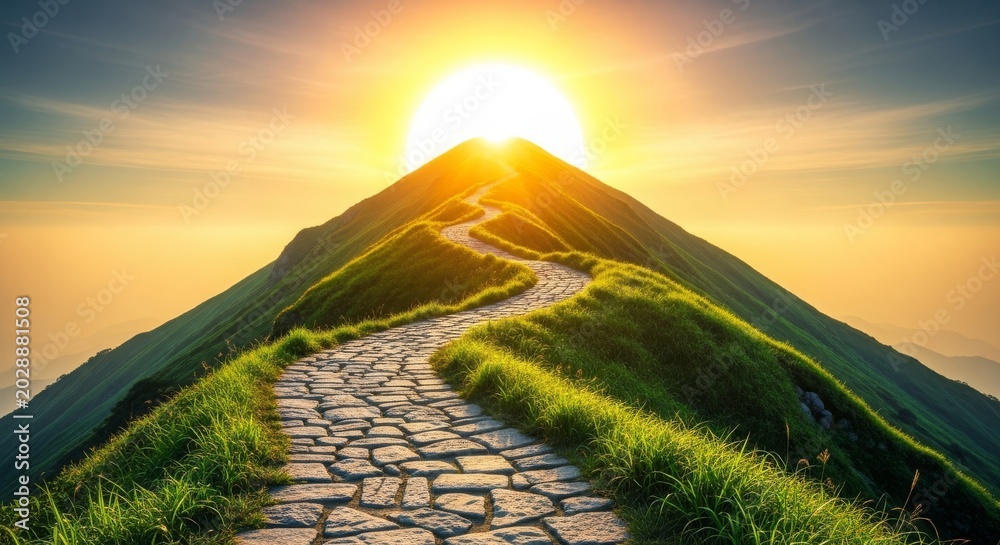 Fototapeta premium A winding stone path leads up a steep green mountain toward a glowing golden sun representing growth, achievement, and positive evolution, staircase, achievement, development