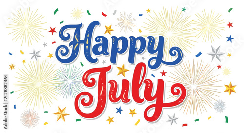 Happy July Fourth Celebration Card with Fireworks and Stars