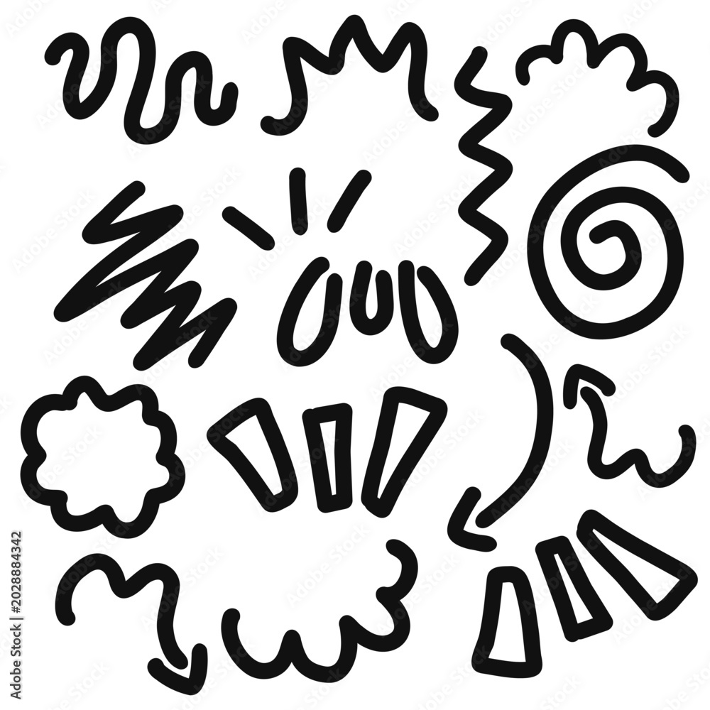 Fototapeta premium A collection of bold black hand-drawn shapes including spirals, wavy lines, arcs, and bursts on a white background, forming an abstract doodle composition.