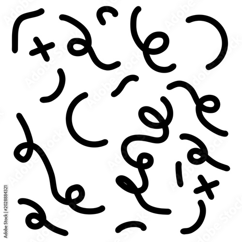 Fényképezés A collection of bold black curved lines and loops scattered across a white canvas, forming an abstract doodle composition with varied line thickness and random orientation