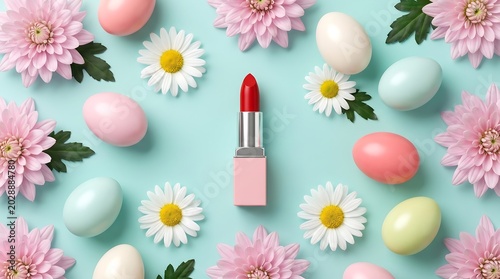 Lipstik merah cerah dengan bunga krisan pink, daisy putih, dan telur warna warni, paduan cantik untuk nuansa musim semi yang menawan.