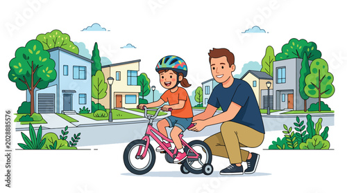 Obraz na płótnie Modern flat vector illustration for Father’s Day showing father helping daughter