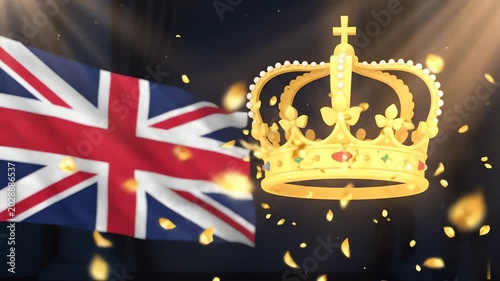 Golden Royal Crown and Waving British Flag with Falling Gold Confetti on Theater Stage Background