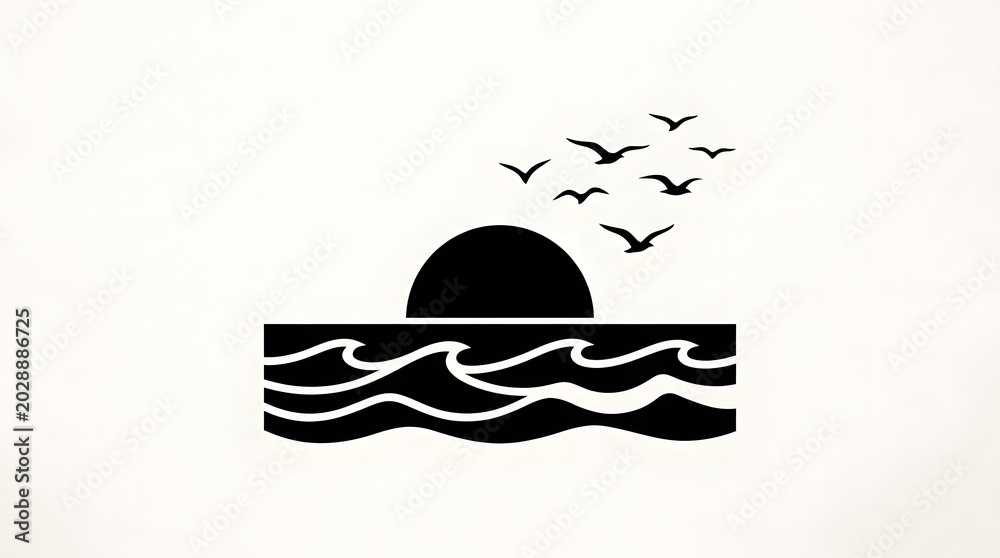 Fototapeta premium Silhouette of birds flying over ocean waves at sunrise with minimalist line art style. Generative AI illustration