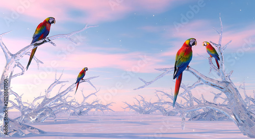 Macaw parrots perched in a frozen landscape. Generative AI.