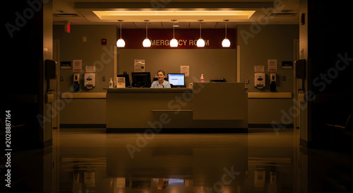 Empty hospital emergency room reception desk at night. Generative AI.