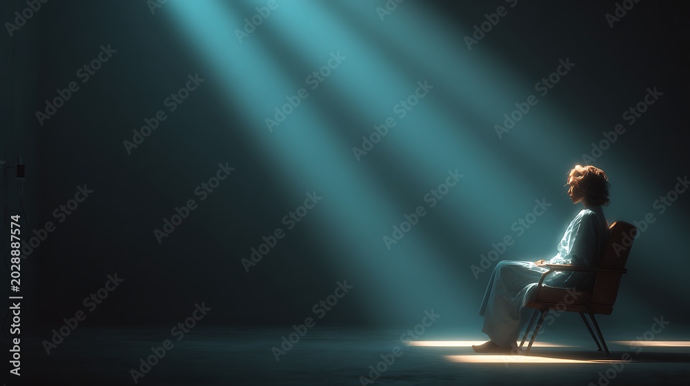 Fototapeta premium Woman in medical gown sitting in chair under dramatic light beams in dark room. receiving IV thera