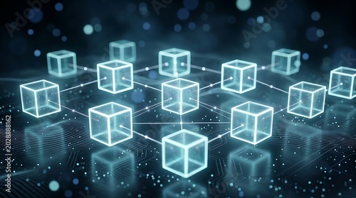 Representasi visual jaringan blockchain terdesentralisasi dengan blok data transparan yang saling terhubung dalam cahaya biru digital.