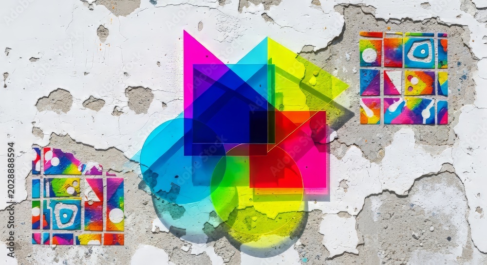 Fototapeta premium Vivid translucent acrylic geometric shapes overlap against a gritty weathered concrete wall with peeling paint and spray art textures, surface, vivid, edgy