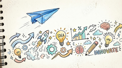 Dynamic hand-drawn illustration of business innovation and creative ideas on notebook paper, featuring a paper plane, rocket, and brainstorm elements