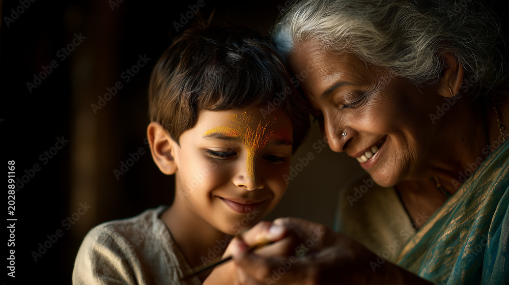 Fototapeta premium Heartfelt 4K close-up of traditional Holi tilak ritual in Indian home. 