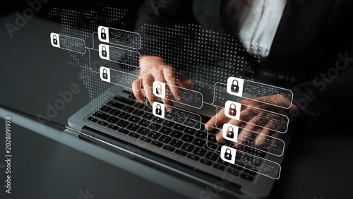 Quadro em tela Blockchain structure showing distributed data blocks linked with encryption, rep