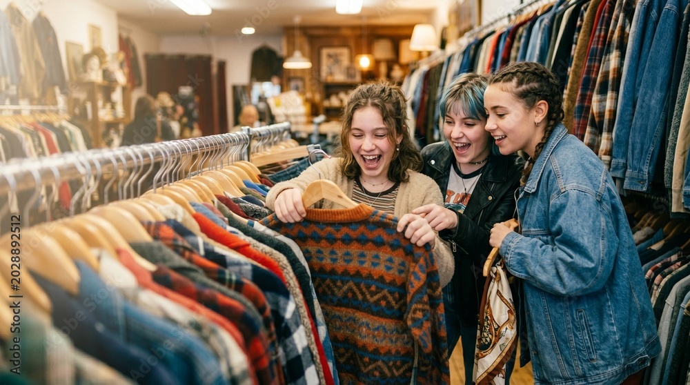Fototapeta premium Three excited young women browsing clothes at a vintage store