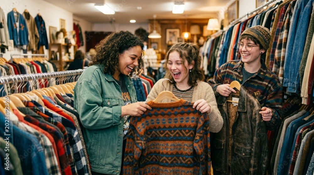 Fototapeta premium Three young friends laughing while shopping for vintage clothes in a thrift store