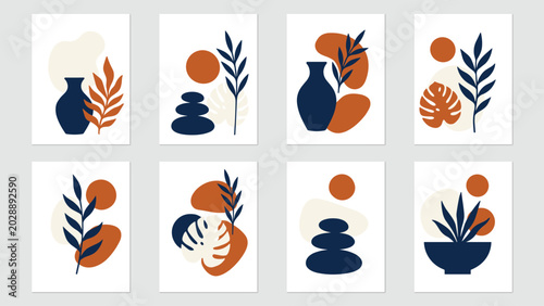 Canvas Print Set of eight minimalist botanical and zen prints featuring vases, tropical leave