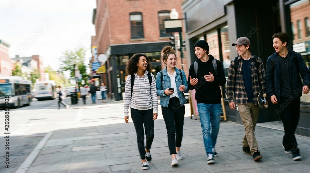Obraz premium Diverse group of young friends laughing and walking down a city street