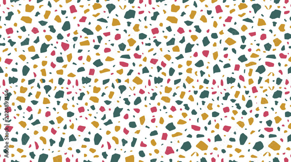 Fototapeta premium Seamless terrazzo pattern with teal, mustard yellow, and magenta stone fragments on a white background