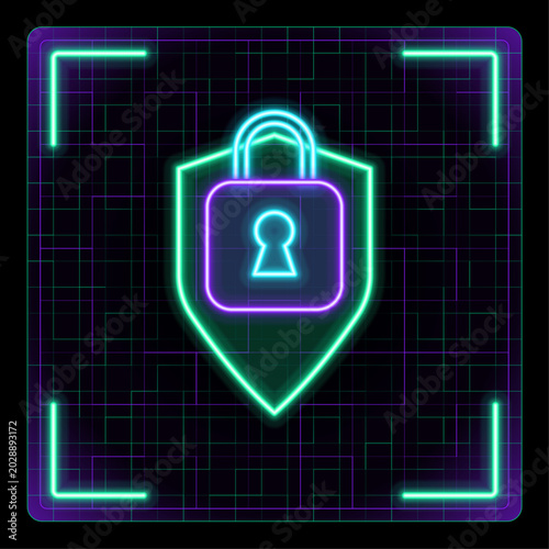 Padlock icon, security and protection symbol, cybersecurity concept. Cyber neon futuristic icon collection, editable strokes graphic style.