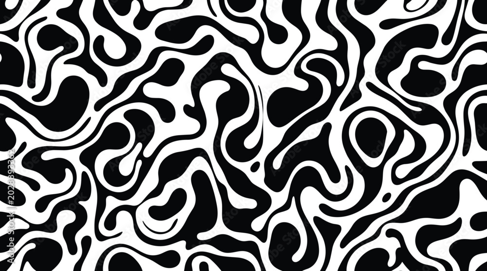 Fototapeta premium Seamless abstract pattern with interlocking black and white amoeba shapes creating a fluid liquid texture