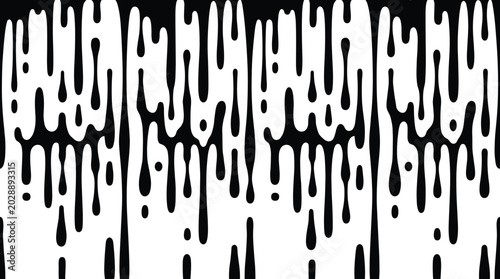 Black and white dripping paint pattern, seamless vertical liquid drips and melting ink texture for backgrounds and urban street style visual
