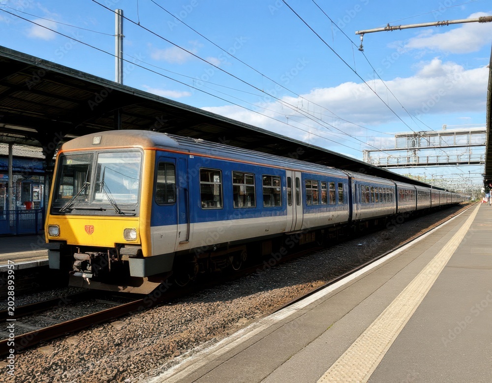 Fototapeta premium Train at a railway station platform with blue sky and clouds, showcasing the exterior of a passenger train and tracks in a well-lit urban environment