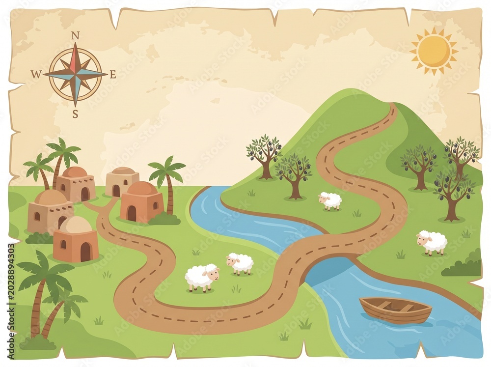 Naklejka premium Children’s Bible map style illustration with a winding road, river, sheep, olive trees, village houses, boat, compass and sun on an antique parchment background.