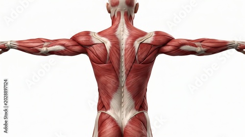 Detailed posterior view of human muscular anatomy with outstretched arms on white background