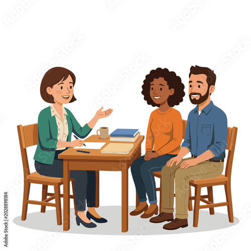 Teacher meeting with parents at school desk discussing education  