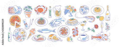 Italian dinner food watercolor doodle set with pasta, pizza and seafood on white background. Hand drawn italian illustration with fruit, wine and dinner icons for restaurant menu design cute handdrawn