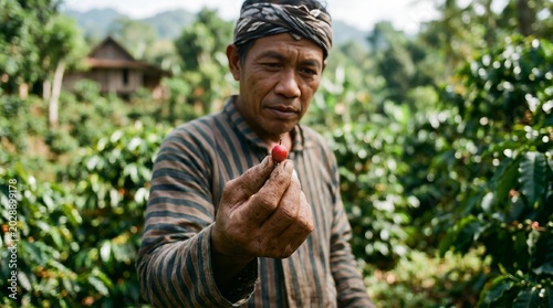 Coffee Farmer Holding Ripe Red Coffee Berry in Forest Plantation
