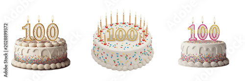 Vászonkép Set of 100th Birthday Cakes Isolated on White Background