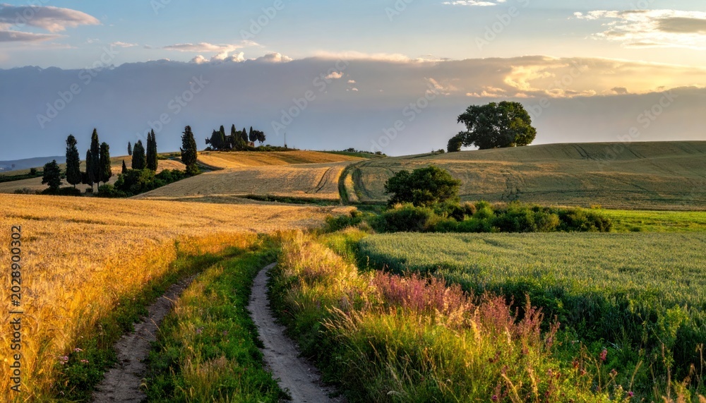 Obraz premium A winding dirt road leads through golden wheat fields and rolling hills under a soft, cloudy sky.