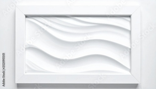 Framed white 3d wall panel with flowing wavy lines, abstract architectural texture, interior design element for modern home decor, elegant relief surface