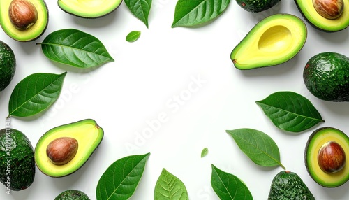 A vibrant arrangement of fresh avocados, both whole and halved, are artfully displayed amidst lush green leaves on a clean white surface, creating a visually appealing and healthy composition.