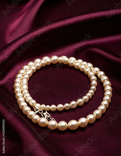 Classic pearl necklace resting on luxurious deep purple silk fabric, elegant jewelry presentation for wedding or fashion editorial photography