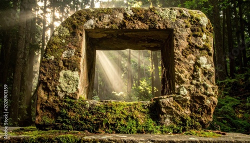 Ancient square stone archway covered in moss within a sunlit forest, ethereal light rays, forest mystery, historical exploration, woodland atmosphere