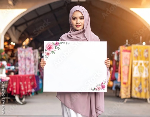 Young woman in hijab holding blank floral sign, marketing mock up template, event promotion, social media announcement, copy space