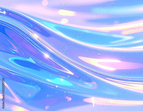 Iridescent liquid holographic waves with soft pastel gradients, shimmering light reflections, flowing fluid texture for dreamy digital backgrounds