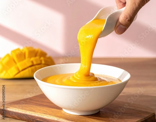 Fresh mango puree pouring from a ladle into a bowl, tropical fruit smoothie, healthy vegan breakfast, vibrant yellow dessert texture