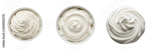 Canvastavla Whipped Cream Swirls in Small Bowls Isolated on White Background, Set of Fresh D