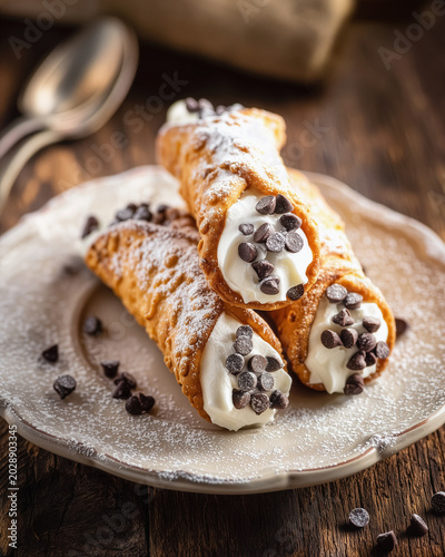 Crispy Italian cannoli filled with smooth ricotta cream and topped with chocolate chips
