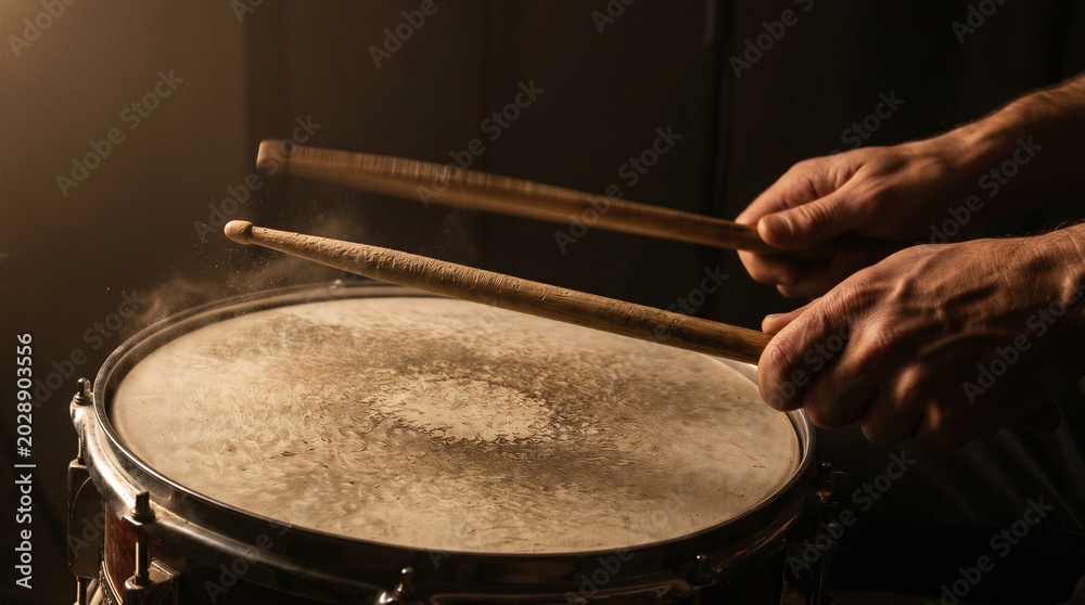 Obraz premium Drummer Hands Striking Snare Drum with Sticks in Dramatic Studio Light — Music Performance Concept