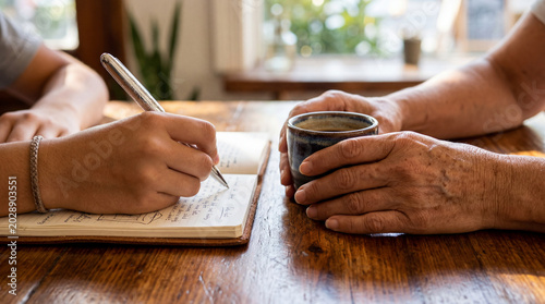 Close Up of Young Person Taking Notes During Interview With Senior Woman. Grandchild Writing Down Grandmother's Life Stories in Notebook at Cafe Table